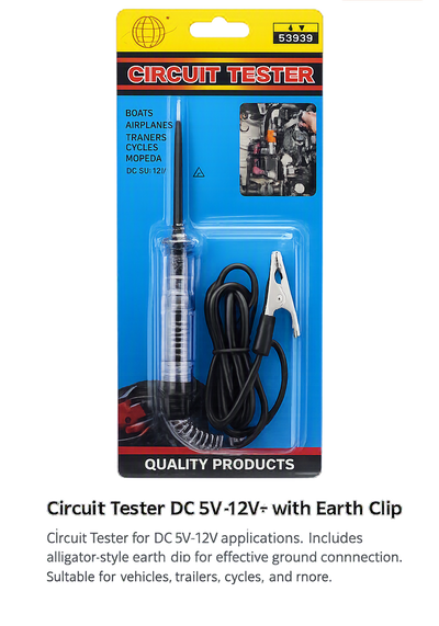 DC 5V‑12V Circuit Tester with Earth Clip – Automotive Electrical Probe Tool